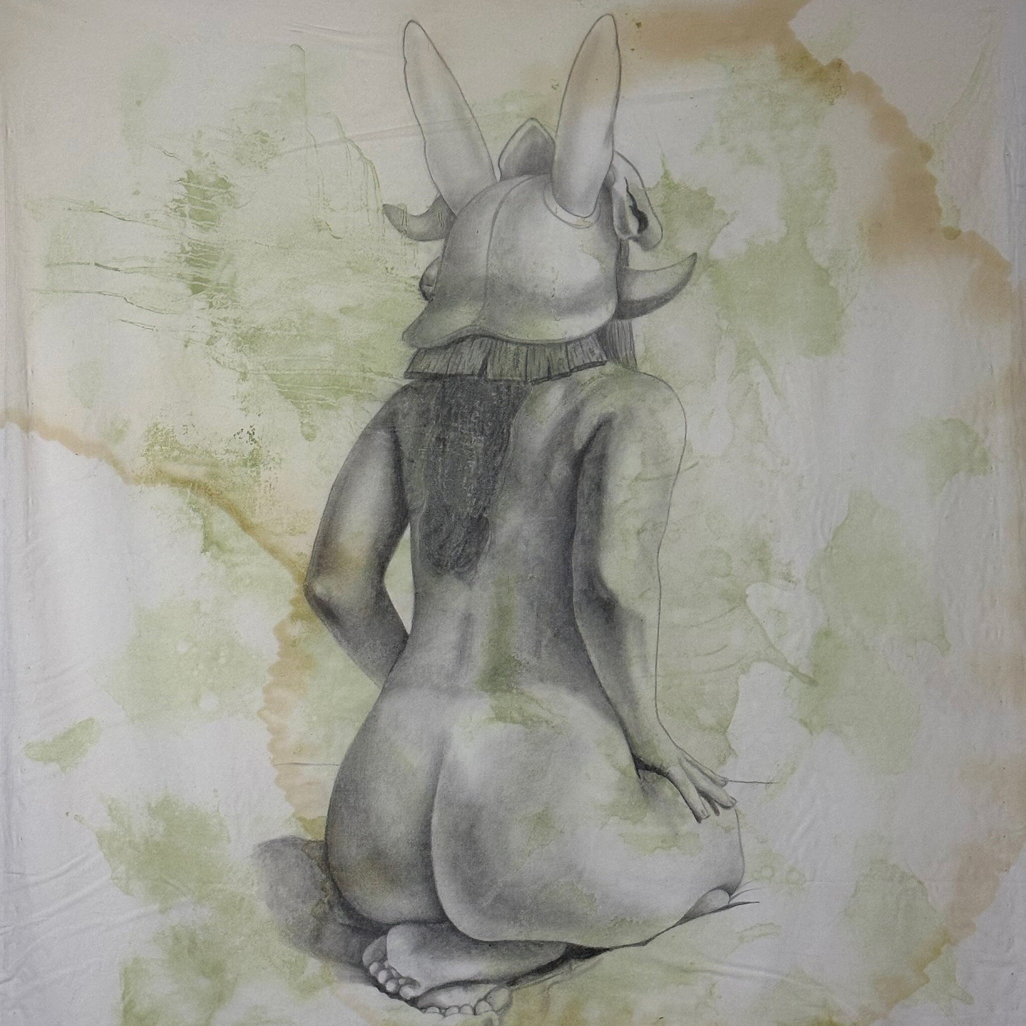 @ivan_romano_v 
'Untitled', 2023
Mixed media
150x125 cm

Support:

Half a single cotton sheet for each individual artwork.

Organic Materials:

Dried and then rehydrated wasabi, used for the artwork depicting a girl with her back turned. This piece w