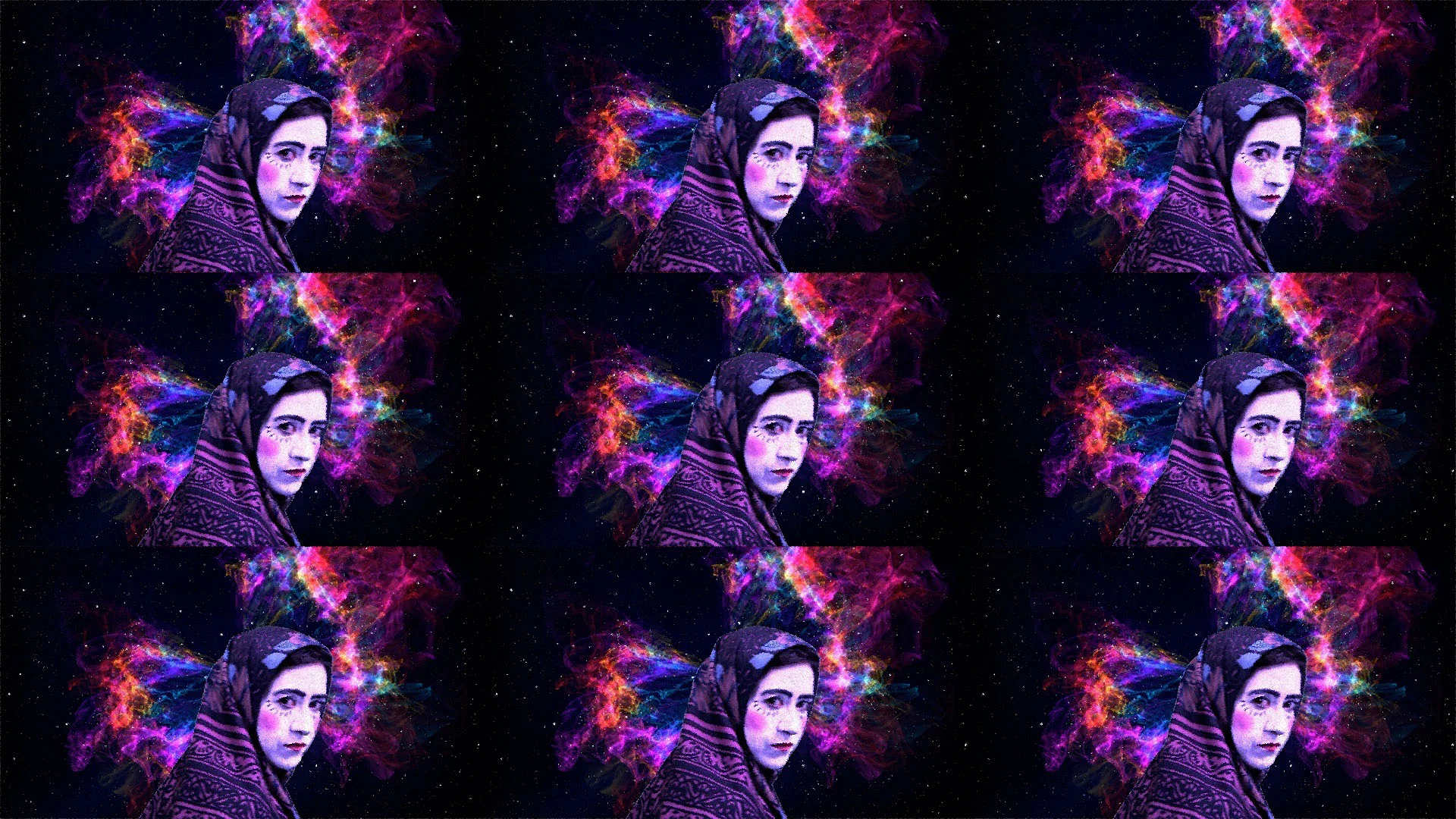 This image is from footage I got in the film studio at university. The background is from a free MP4 download called ‘Rainbow Nebula’. I created the multiple HALA look by using the ‘tiling’ effect in Final Cut Pro.