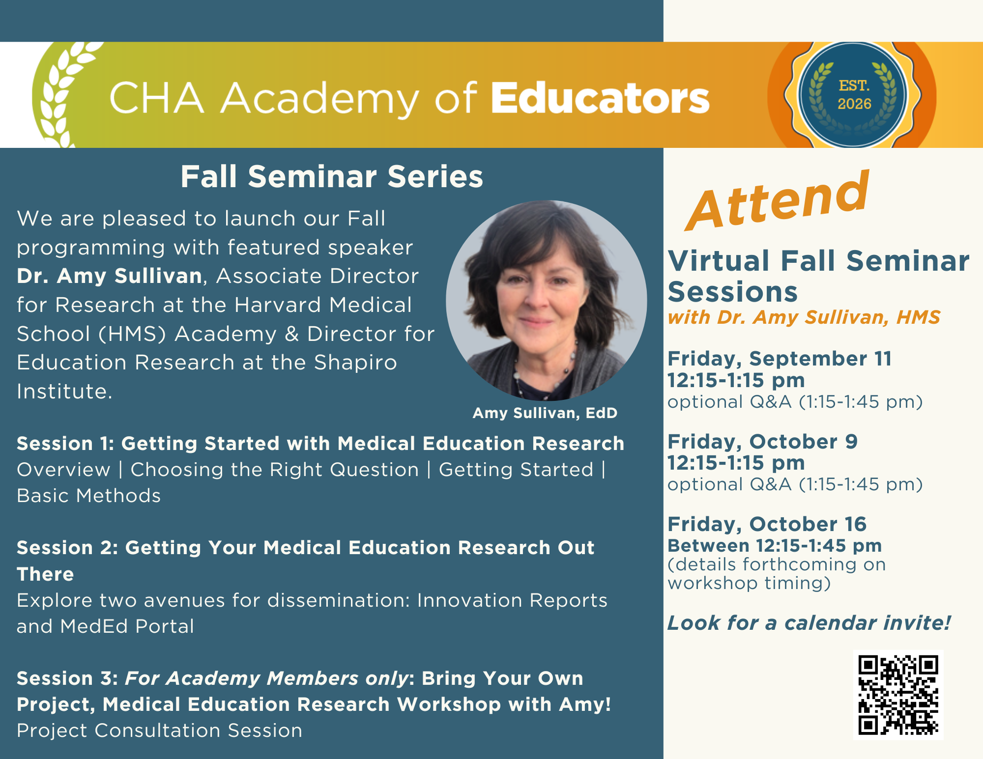 CHA Academy of Educators: Fall Seminar Series (September 11, 12:15-1:15 pm, optional Q&amp;A 1:15-1:45 pm)