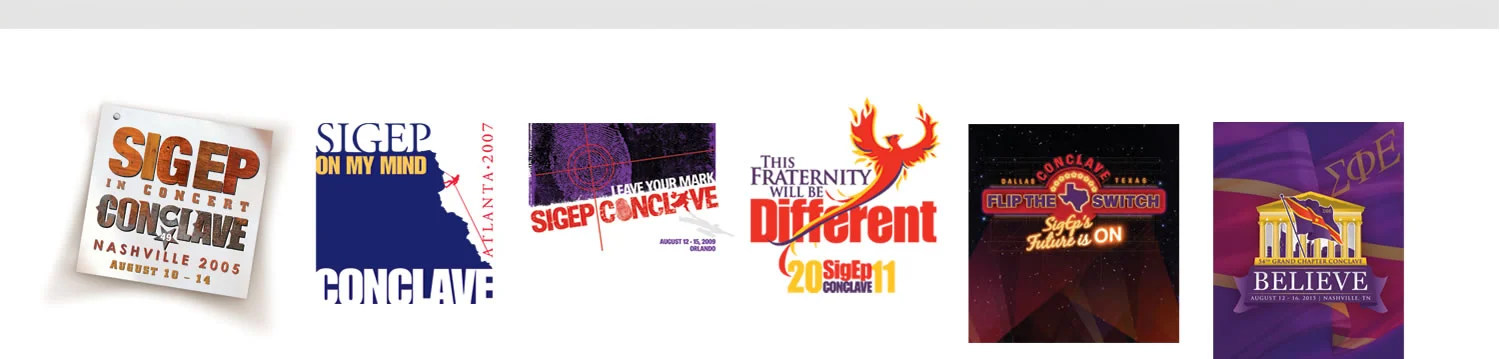  We’re sometimes called on to design for the same event over a period of years, as with SigEp Conclave, a biannual convention of brothers for legislation, connection and education. We have designed countless event identities related to the themes. Th