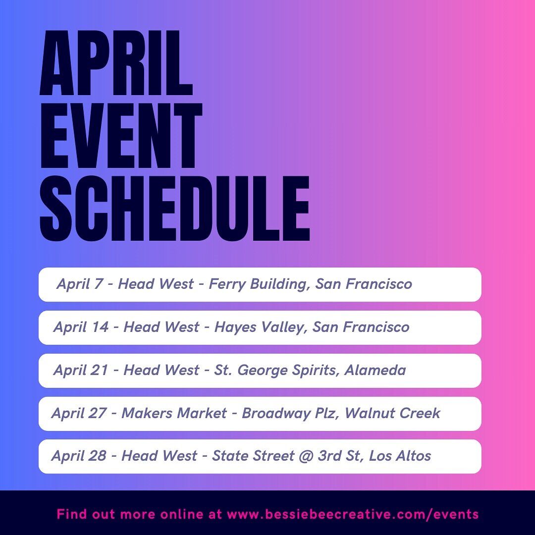 Here&rsquo;s where I&rsquo;ll be in April! Also, I&rsquo;m looking to fill a couple Saturday spots if anyone has any ideas! Feel free to leave a comment or message me! If I add anything, I&rsquo;ll update the schedule. ☺️💕
.
.
.
.
.
#bayareaevents #