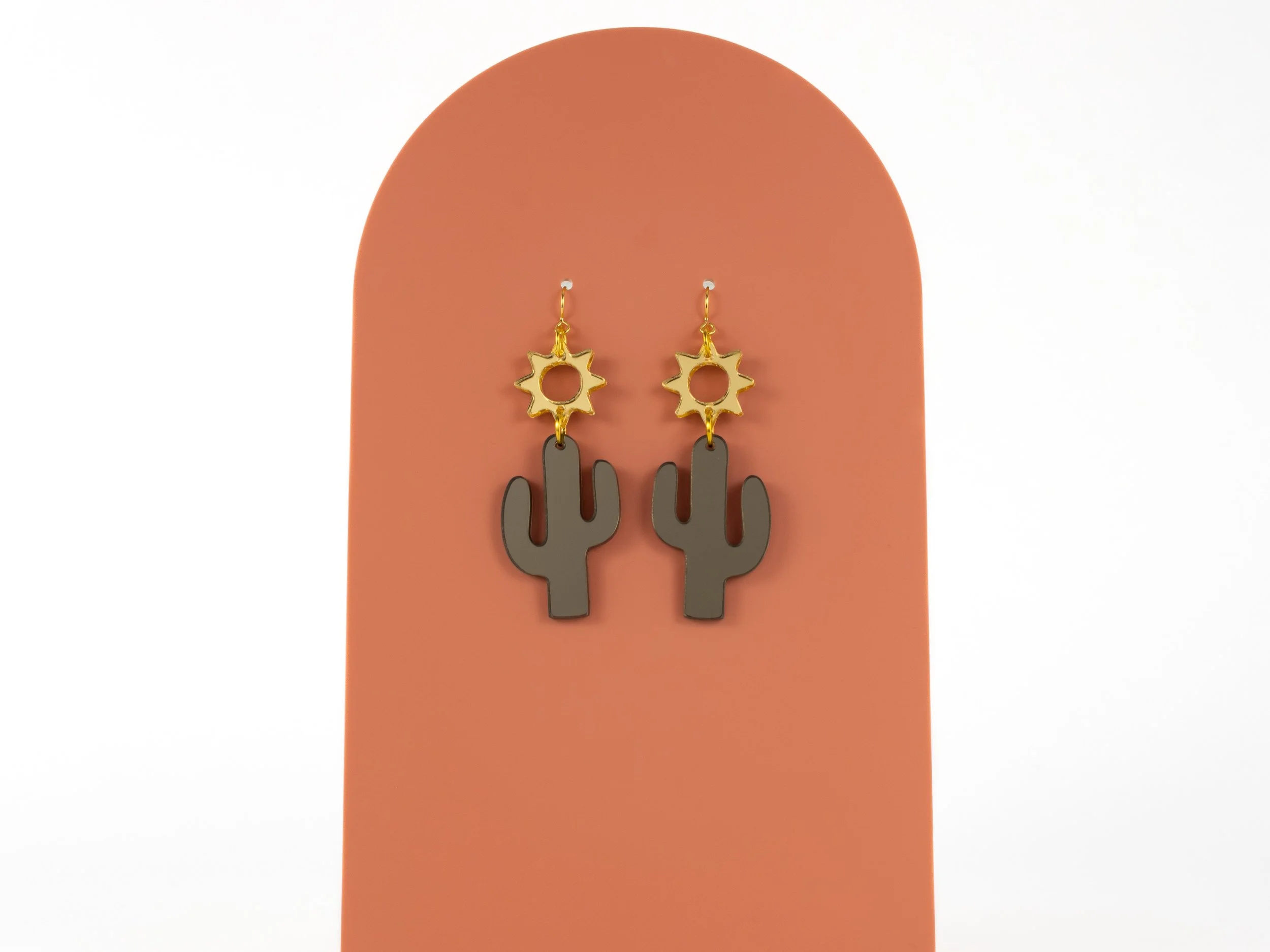 Cactus and Sun Earrings in Gold and Bronze Mirror Acrylic