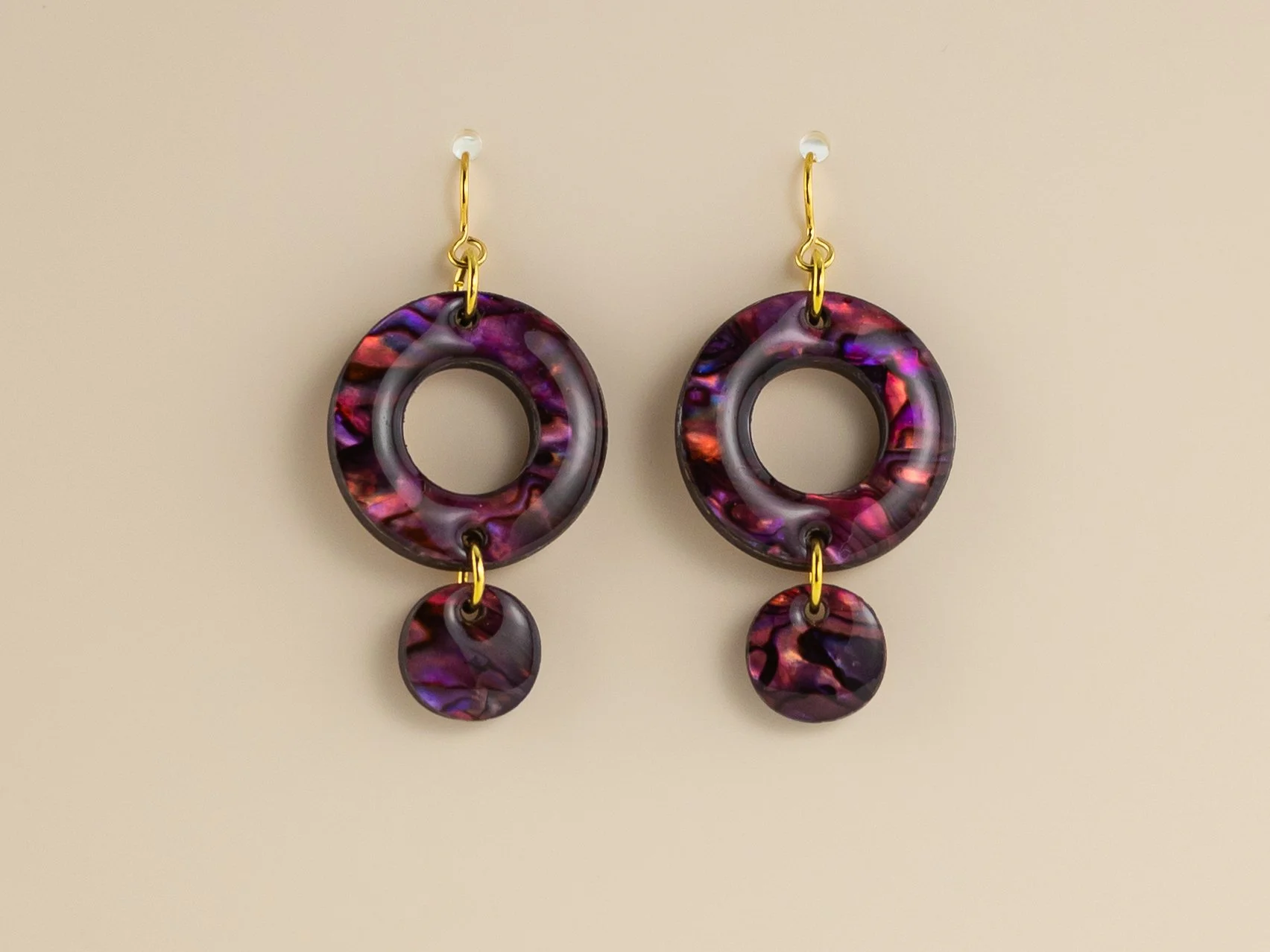 Donut and Dot Earrings in Purple Agate Abalone Shell