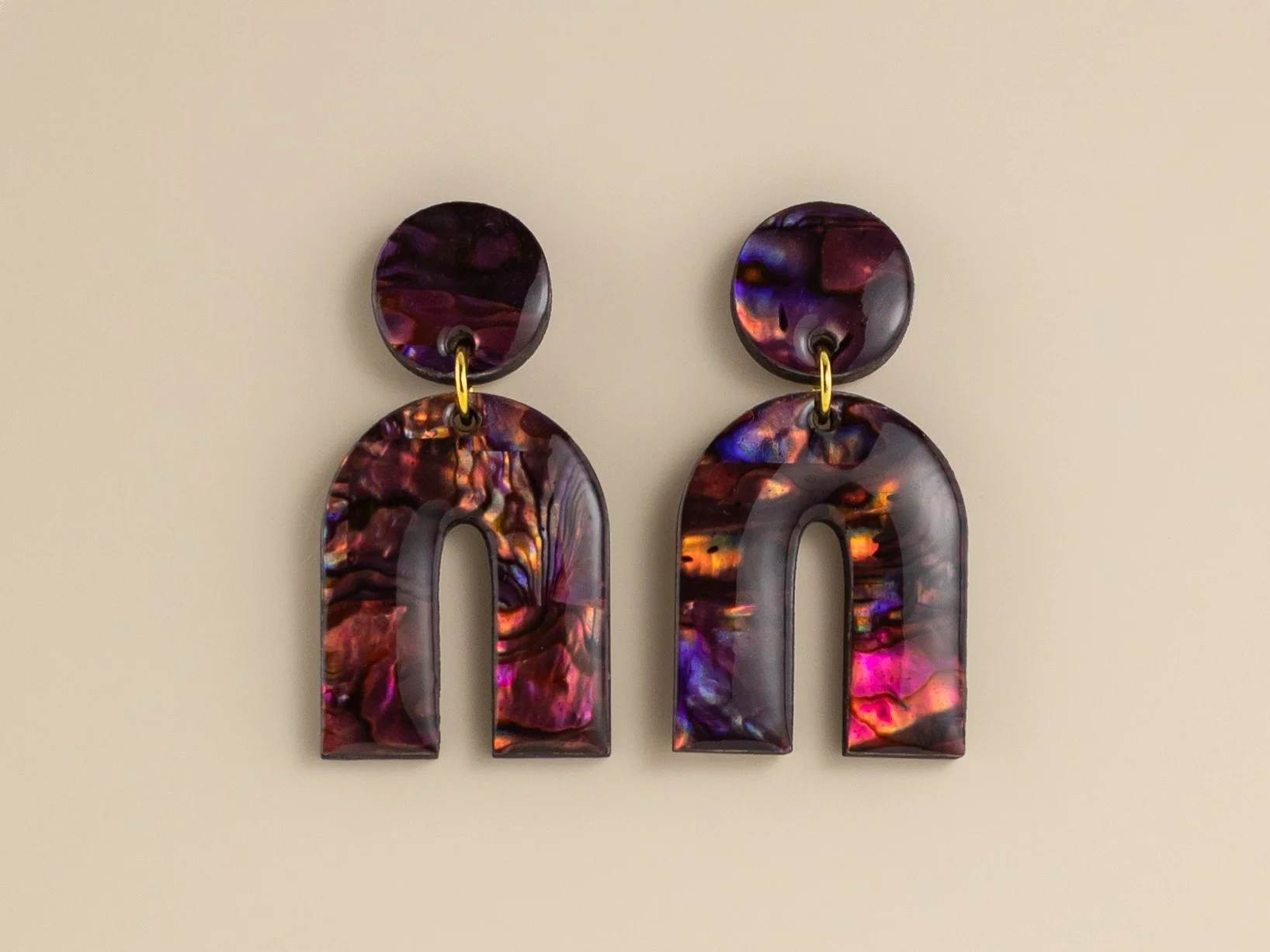 Purple Agate Abalone Shell Stud Arch Earrings