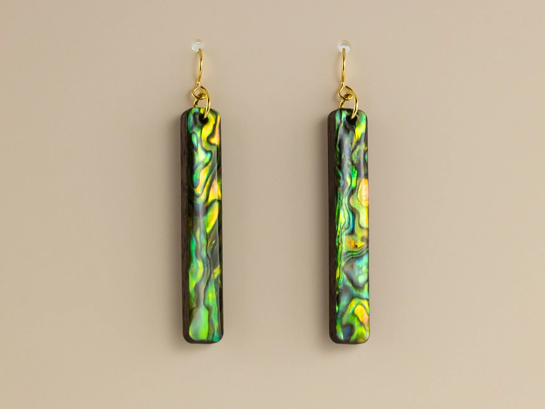 Long Stick Earrings in Peridot Abalone Shell