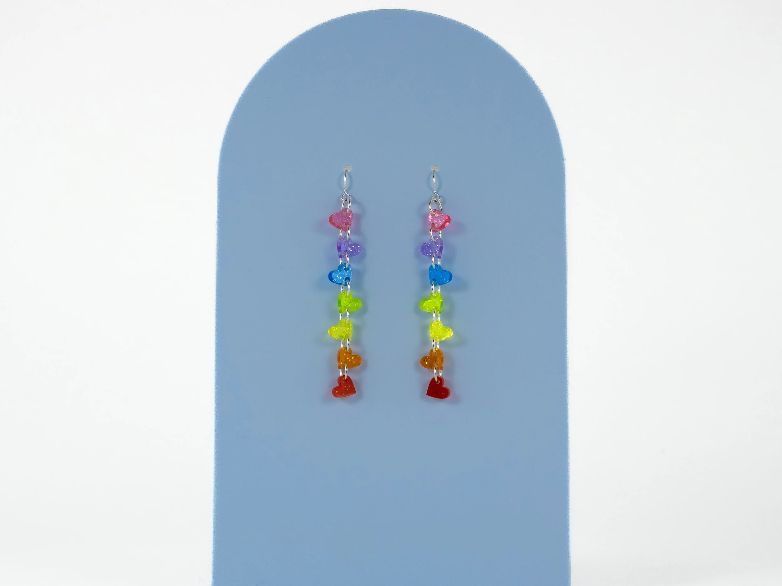 Rainbow Angled Heart Drops in Sparkle Acrylic