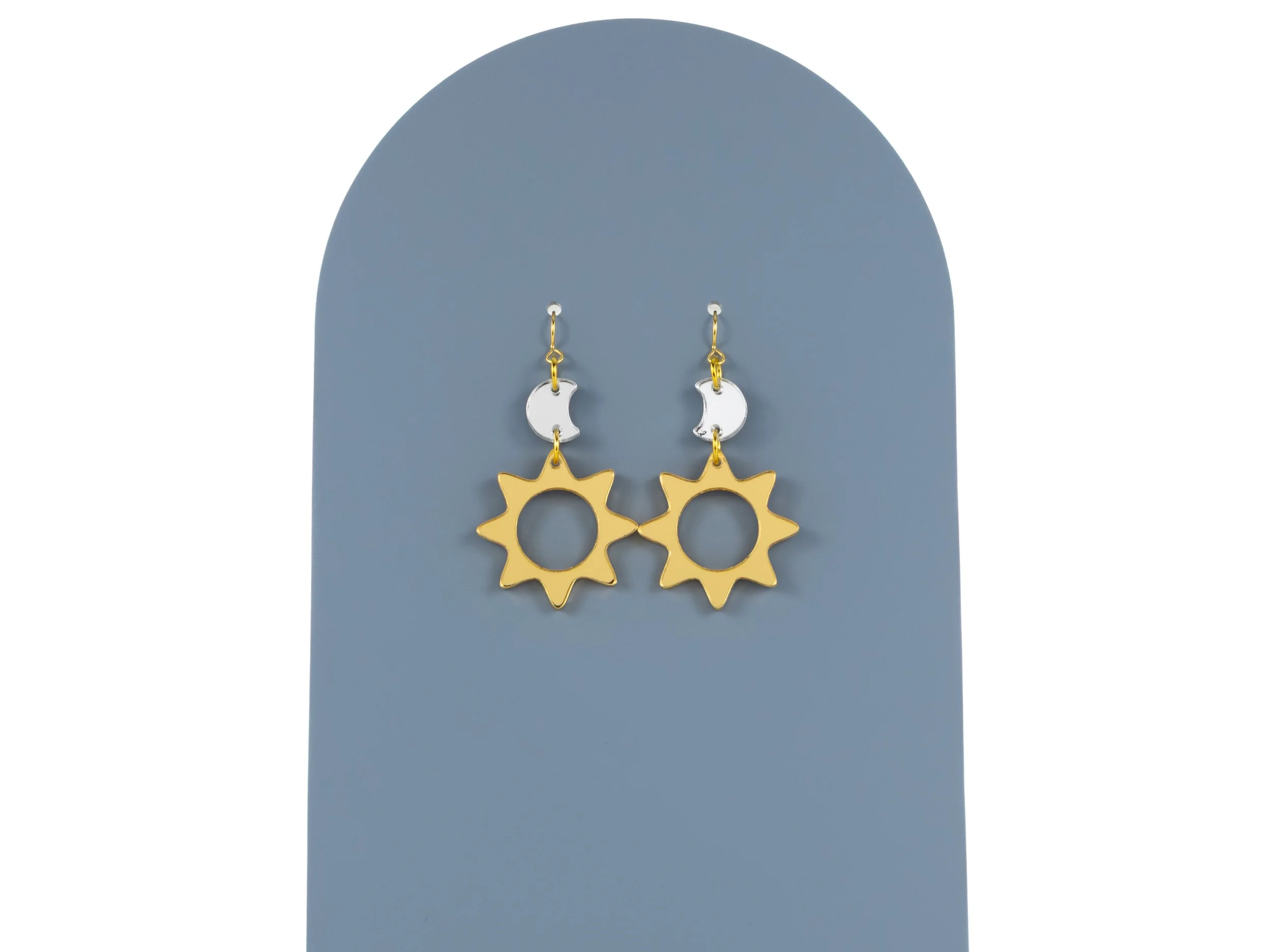 Sun and Moon Earrings in Silver and Gold Mirror Acrylic
