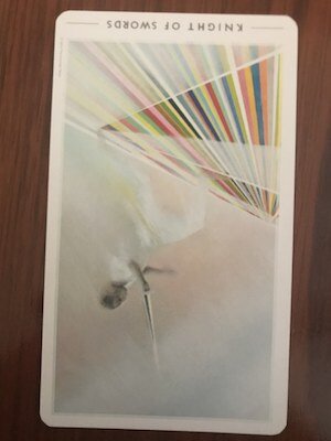 KNIGHT OF SWORDS reversed: Fountain Tarot by Jason Gruhl, Jonathan Saiz, and Andi Todaro