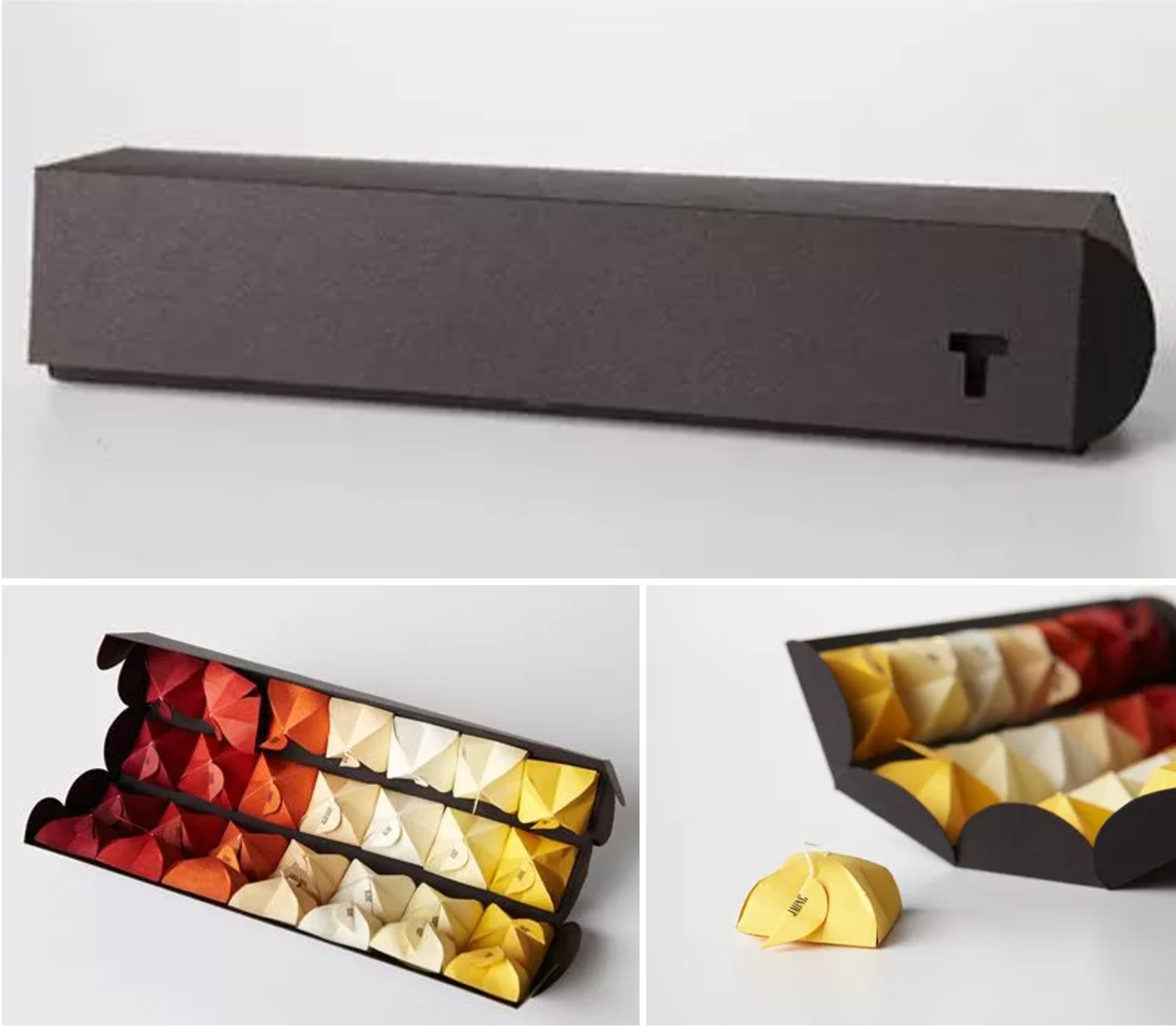 Plain and elegant exterior and gives a pleasant surprise once the customer opens it. Easy hand packaging too – origami for interior pieces with sturdy exterior