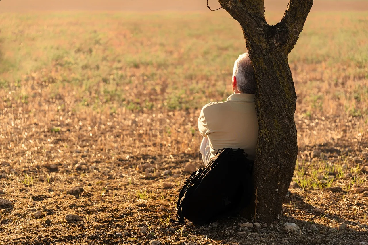 Man leans against a tree trunk in an open field