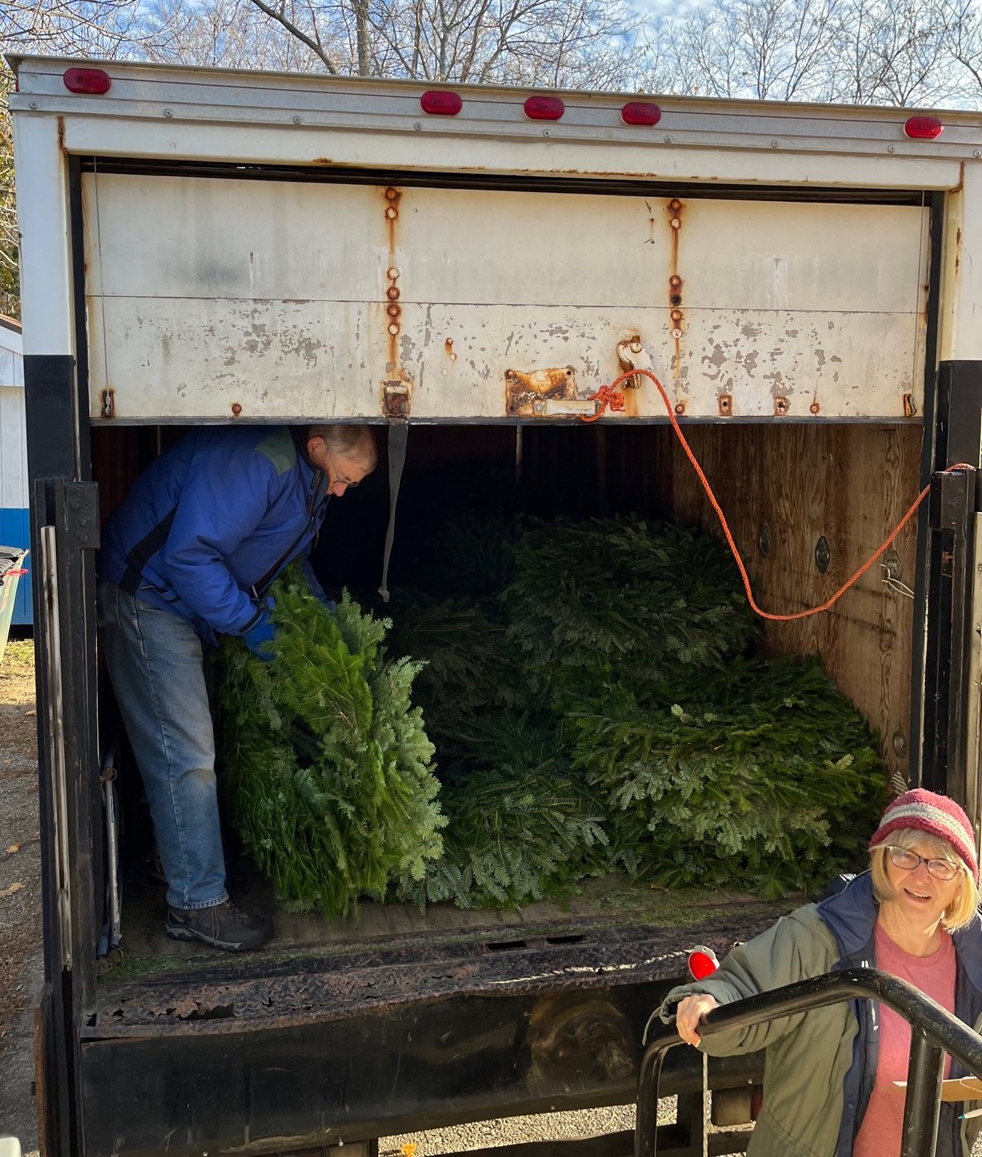 Wreaths arrive before 8 a.m. at the Camden American Legion from local Damariscotta provider Evergreen Farms and are unloaded for assembly by Camden Garden Club. 