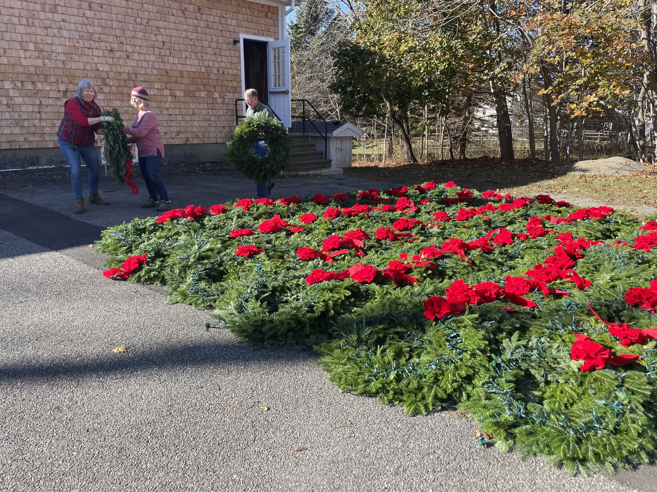 Wreaths are prepared by Camden Garden Club for pickup by the Town of Camden for installation on the downtown lampposts in time for the holiday season kickoff event, Christmas By The Sea. 