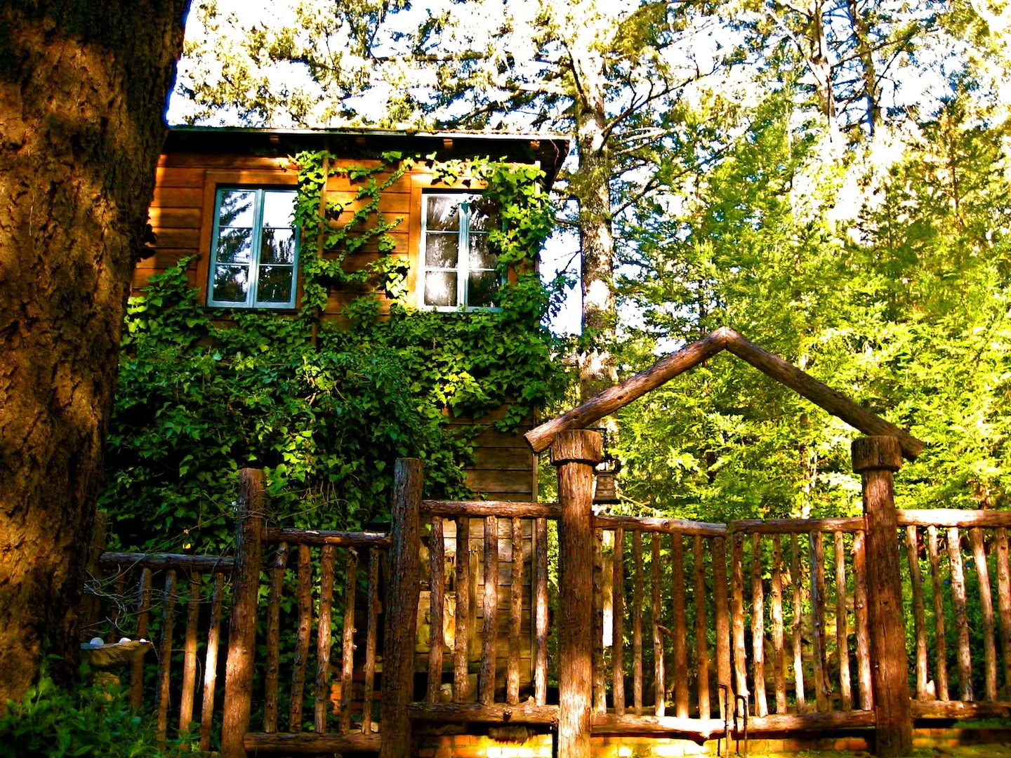 9 Main House Exterior with Redwood Log Gate.JPG