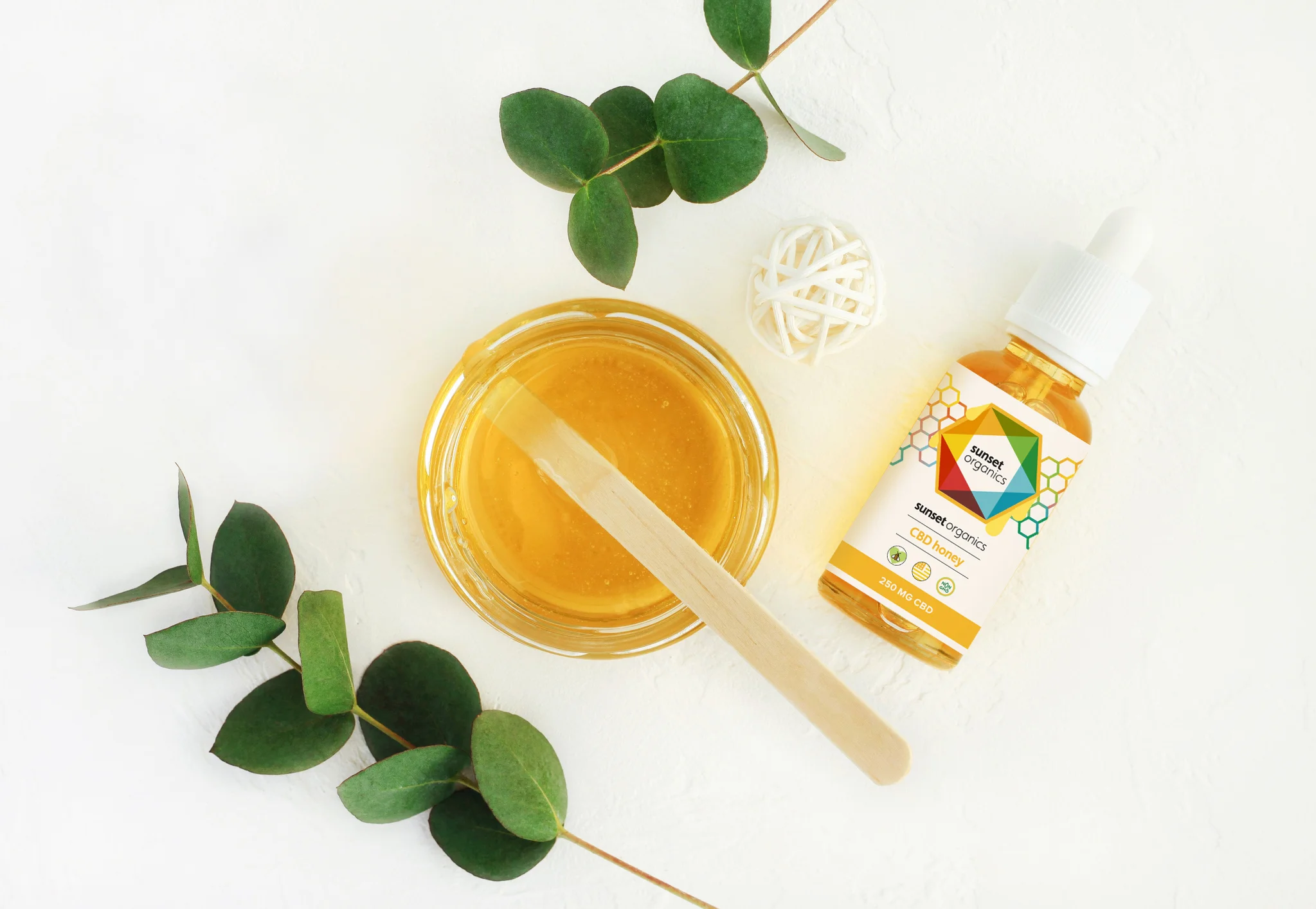 Sunset Organics Infused Honey Label Design, 2019.