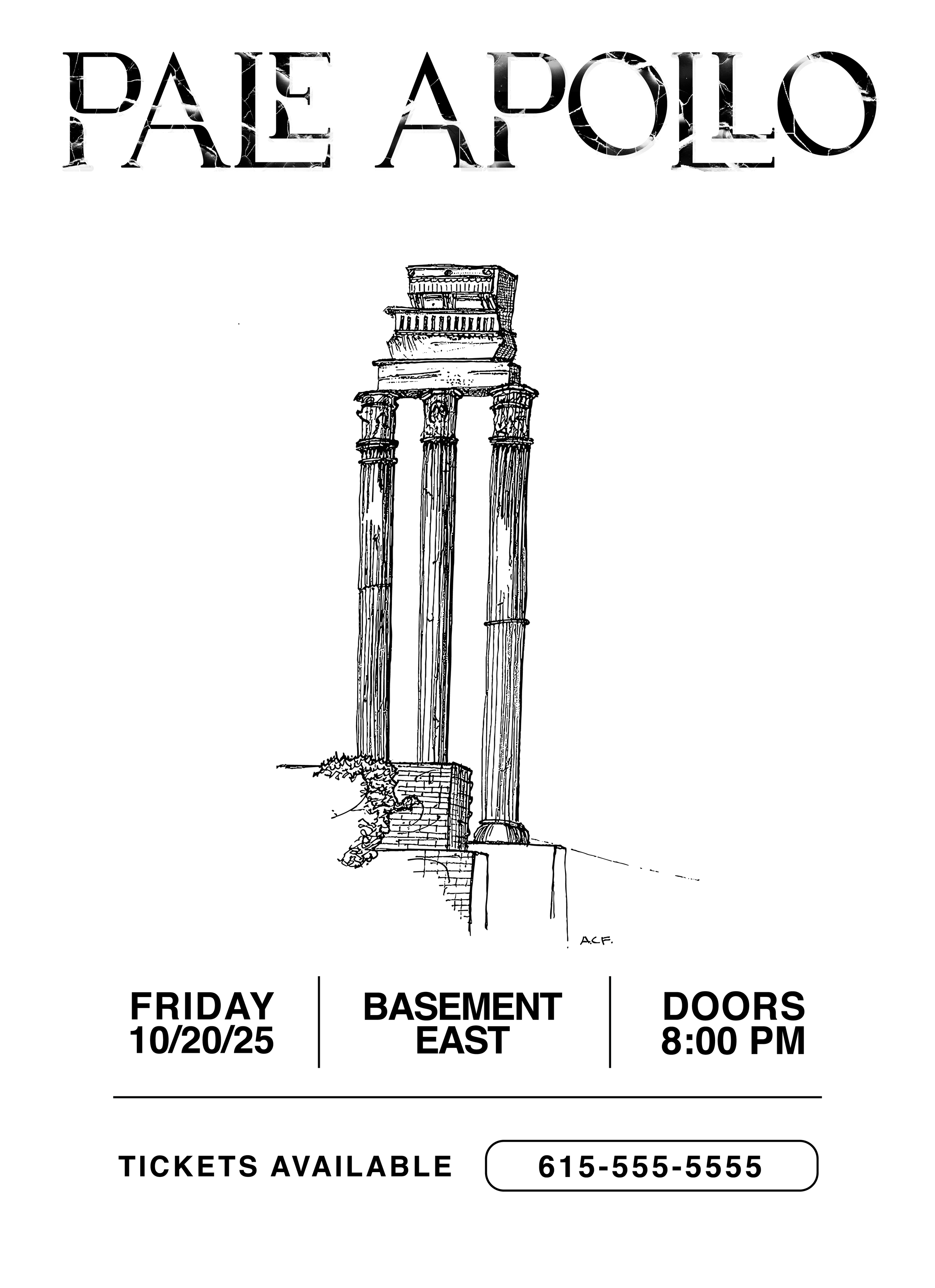 Black and white flyers for PALE APOLLO Basement East Performance, 2025.