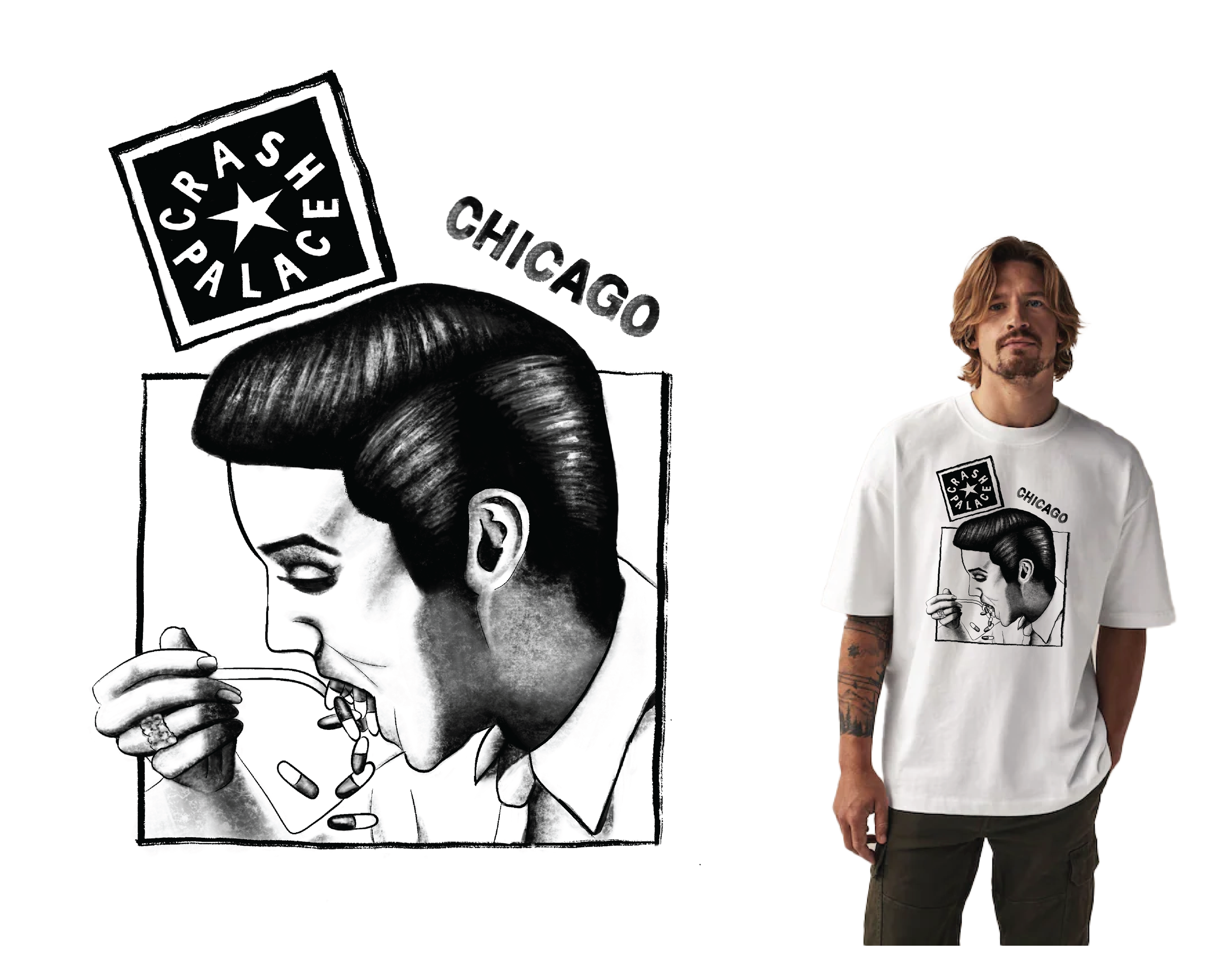 Hand drawn recreation of beloved, out-of-print vintage 1989 era Crash Palace, Chicago shirt for limited re-release. During the late 1980’s, Crash Palace served a post-punk scene of the La Mere Vipere and O’Banion’s vintage, several years after bot