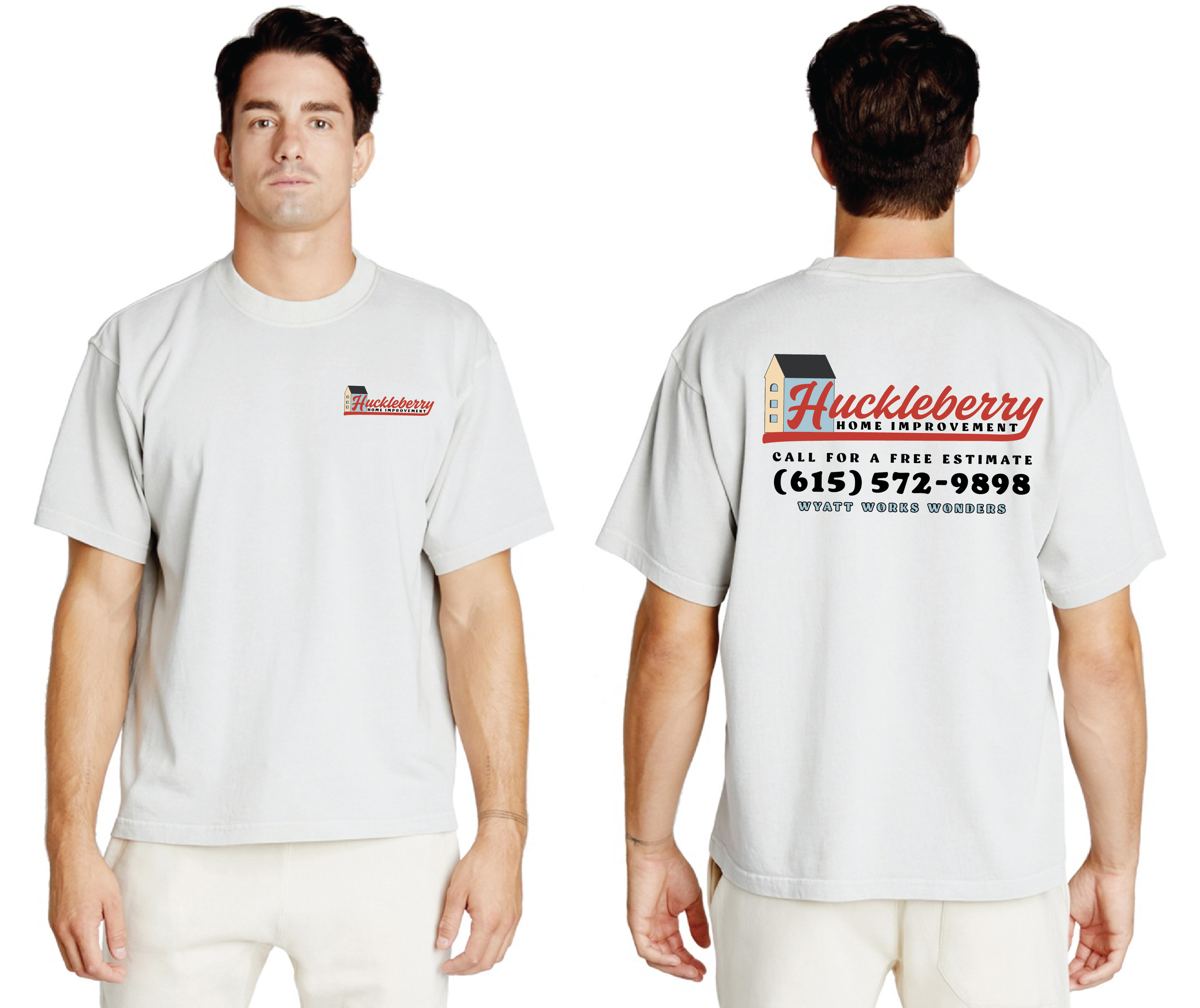 Staff t-shirt designs for updated Huckleberry Home Improvement logo, 2024.