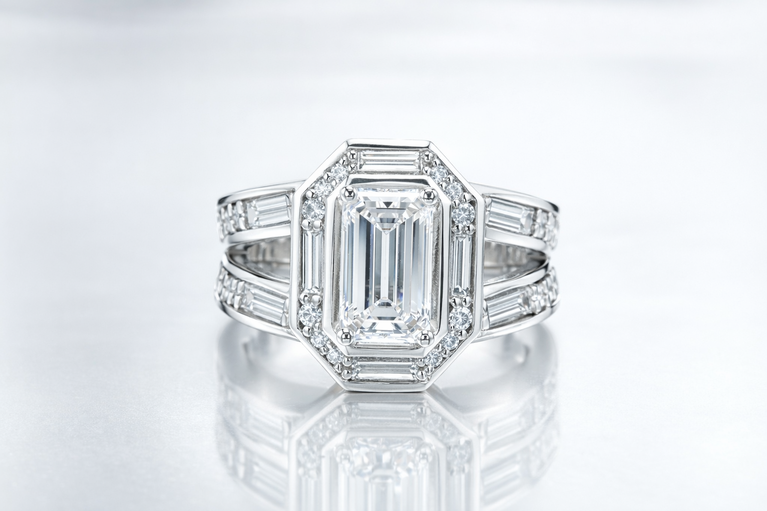 Emerald Cut Lab Diamond Baguette Halo Engagement Ring in white gold