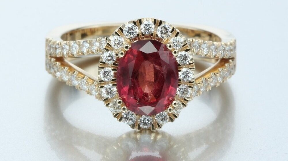 14K Yellow Gold Ruby Halo Diamond Ring