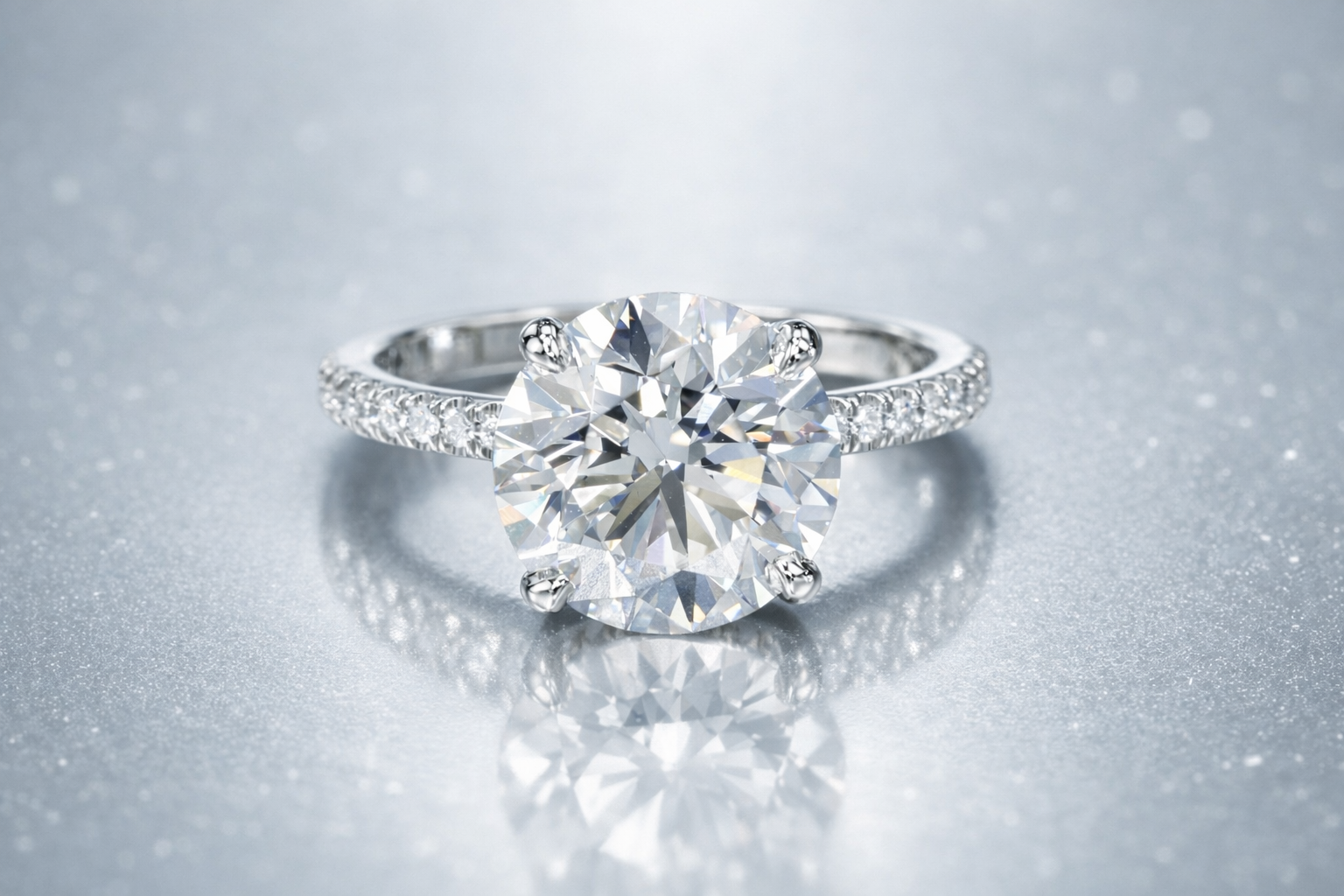 Round brilliant diamond engagement ring with pave band in white gold solitaire setting.png