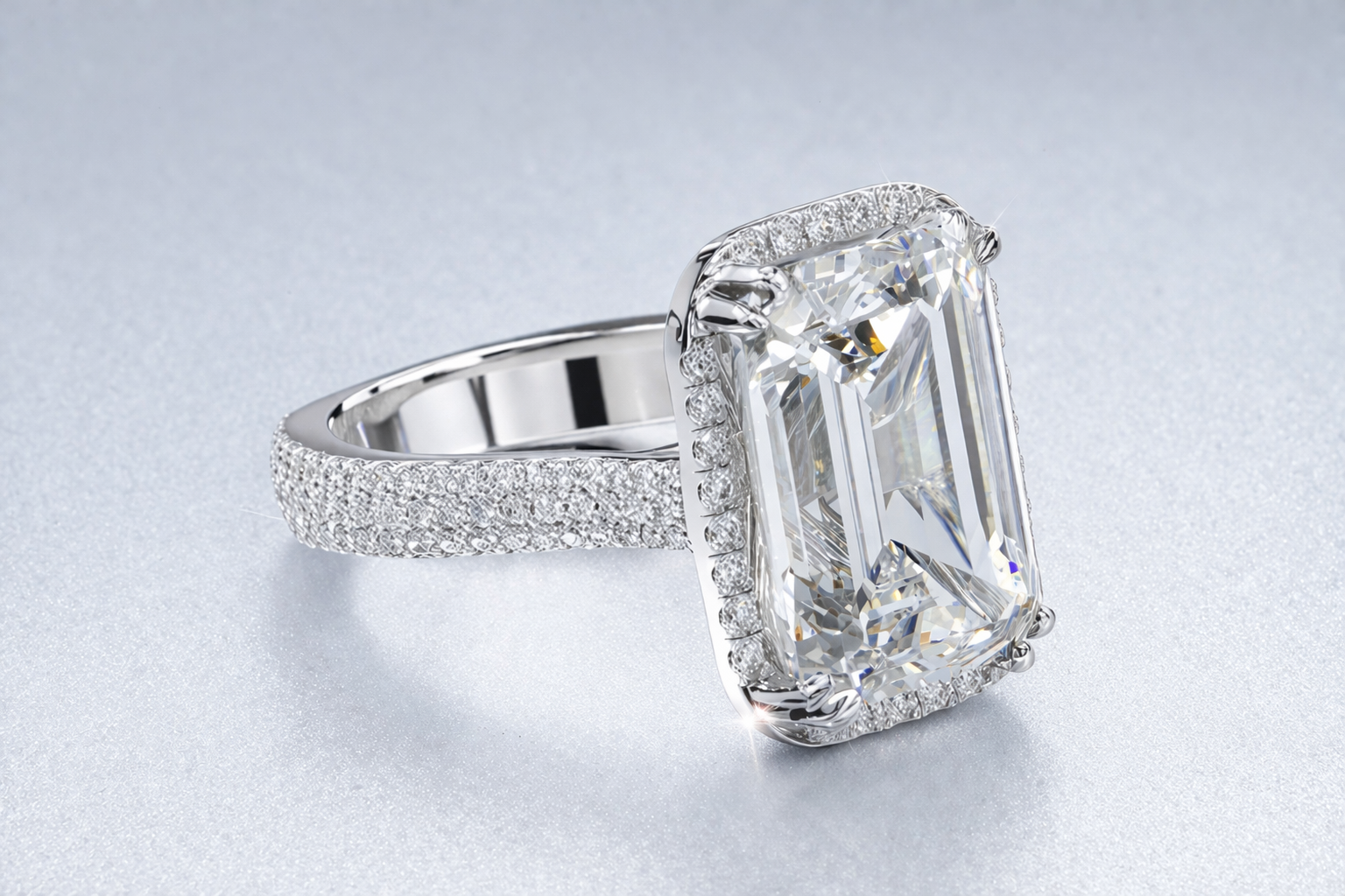 Emerald cut 9 carat lab diamond engagement ring with halo and pave in 14K white gold Scottsdale.png