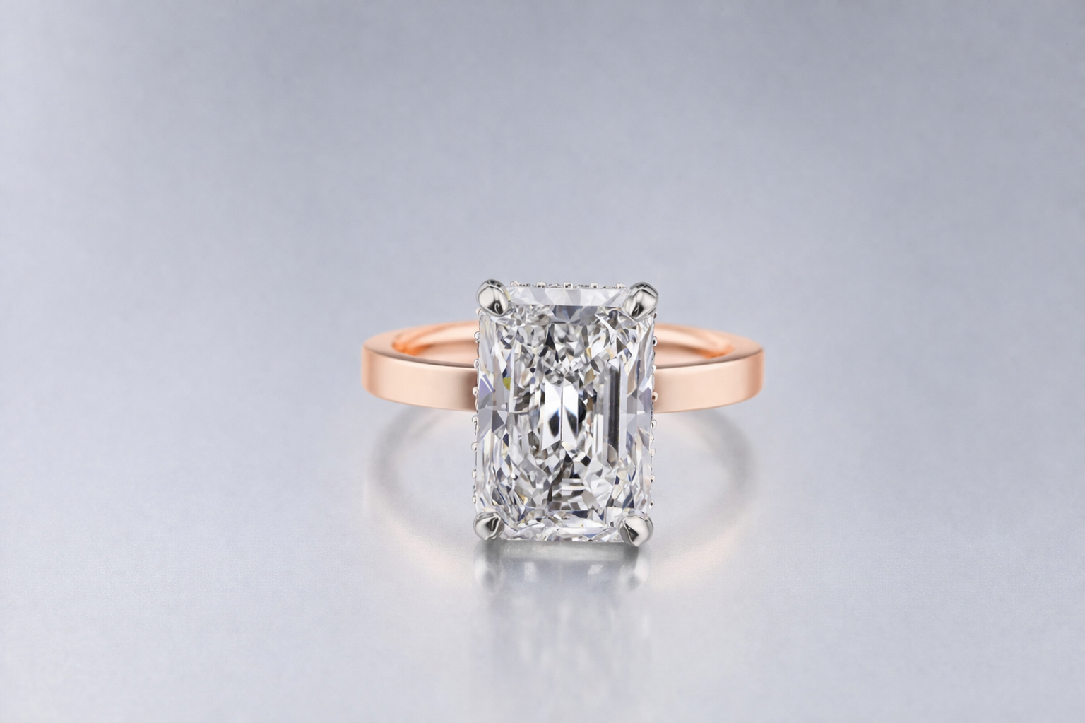 Radiant Cut 6 Carat Lab Created Diamond Solitaire Set in 18K Rose Gold.png