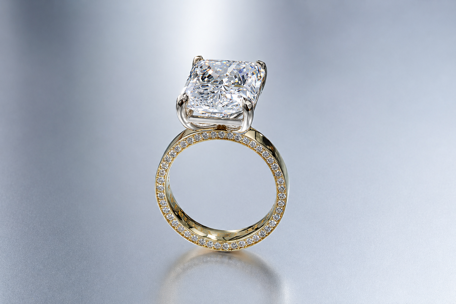 10 carat Radiant Cut with 18k Yellow Band and pave side 1.png