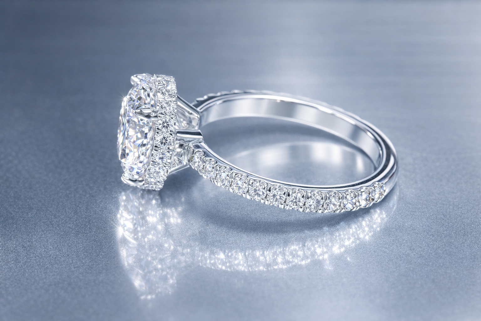 Custom Hidden Halo Diamond Engagement Ring with diamond pave band in white gold