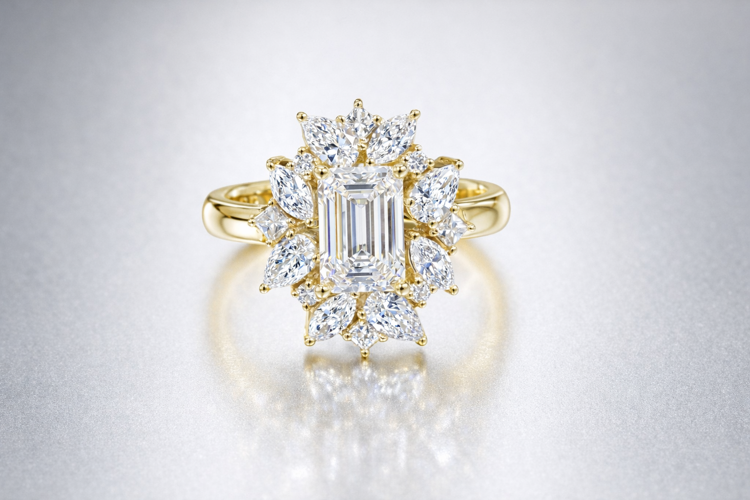 Emerald Cut Lab Diamond Engagement Ring with Floral Halo