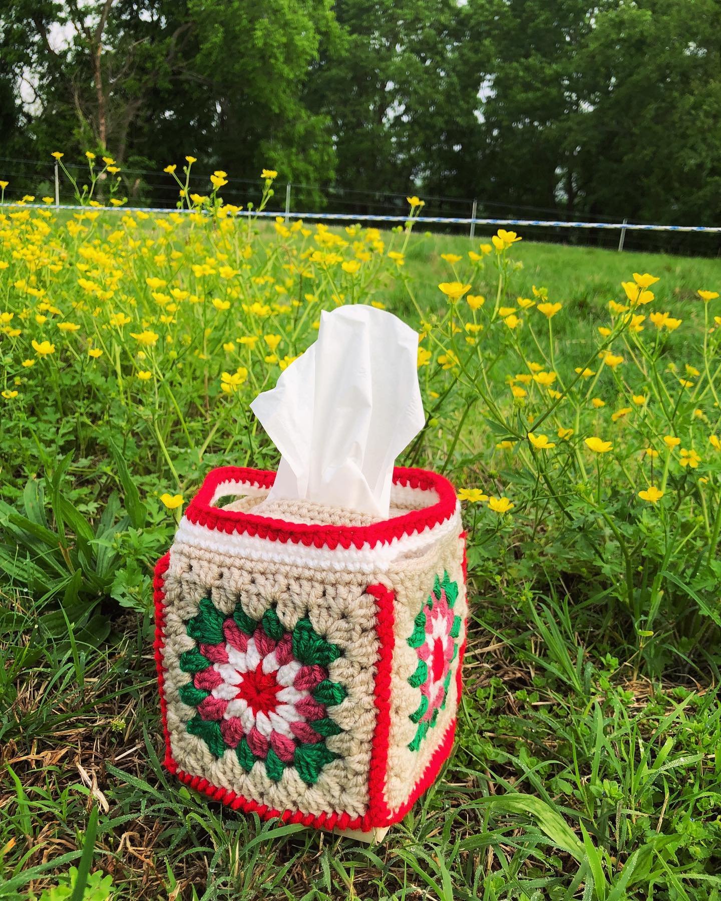 Granny squares as spotted in the wild. This marvelous specimen was custom designed by the talents of Vendor 413 @the_crochet_corner417. We were in need of a Kleenex box cover and, voila! It&rsquo;s perfect. #crochetersofinstagram #crochet #grannysqua