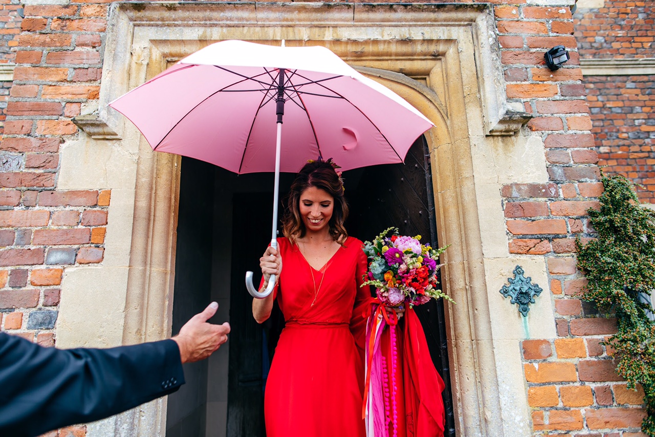 Red Wedding Dress Pink Umbrella