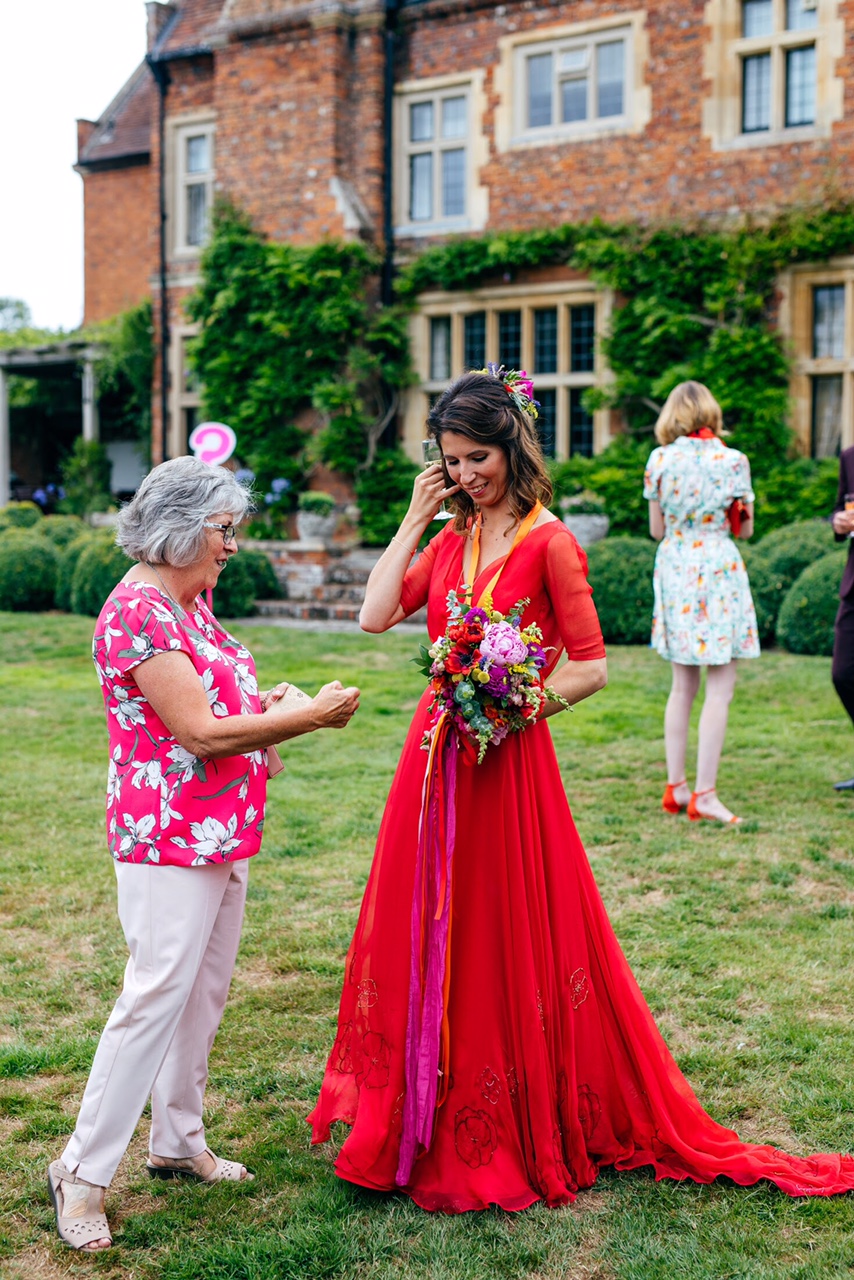 Red wedding dress embroidered floral hem