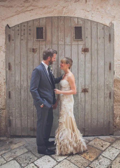 gold and white lace feather wedding dress