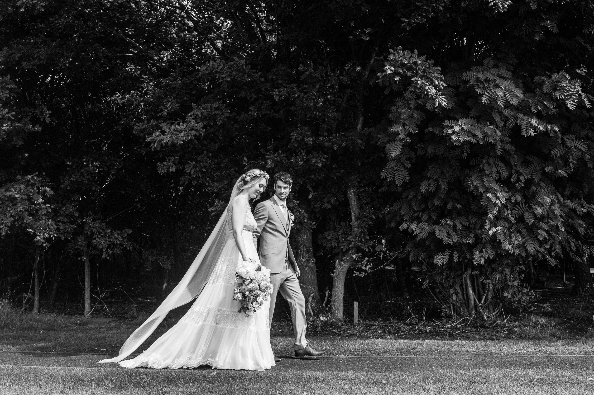 flowing white chiffon and lace wedding dress