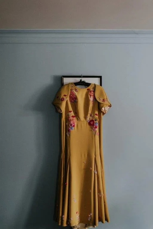  a 1930s style wedding dress in mustard yellow hangs, waiting to be worn. it is embroidered with muted shades of pink silk flowers 