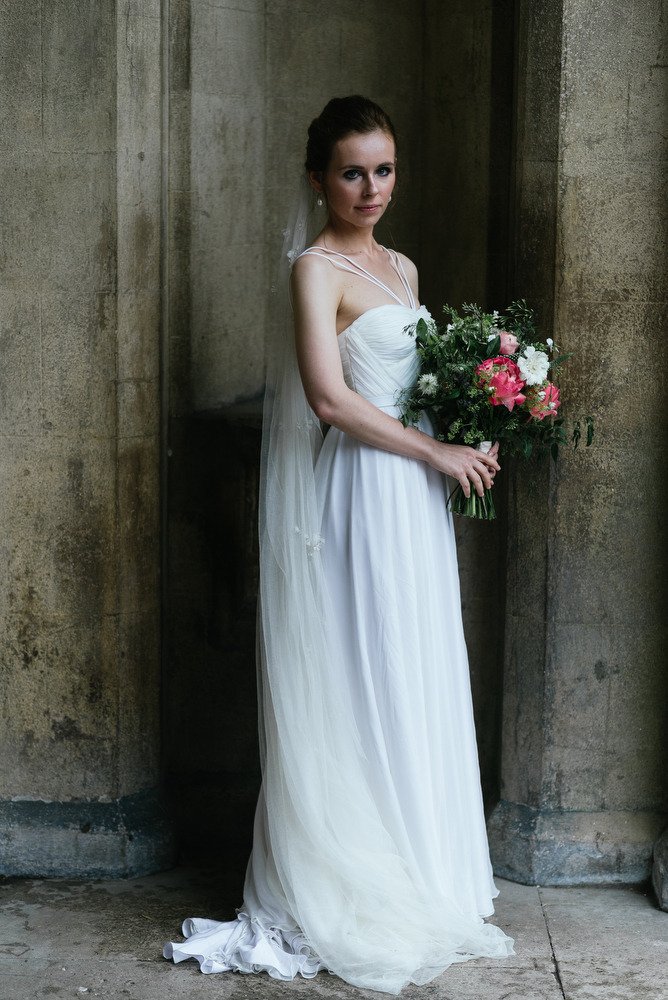 chiffon bridal gown.