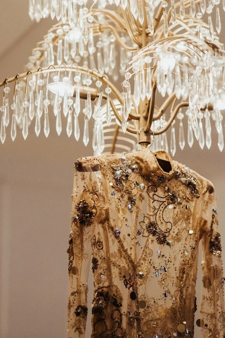 Ultra-Daring Sheer Celestial Gold Lace and Crystal Wedding Dress