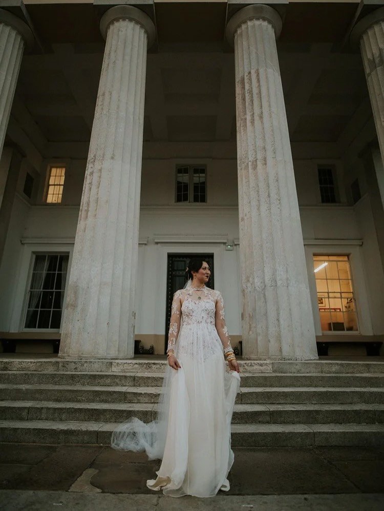 A cheongsam style wedding dress, made from the brides own mother&rsquo;s wedding dress.

The original dress, a hand printed Chinese silk with blossom pattern in pinks and reds. A slim sun-dress style meant there wasn&rsquo;t much fabric to make a tra