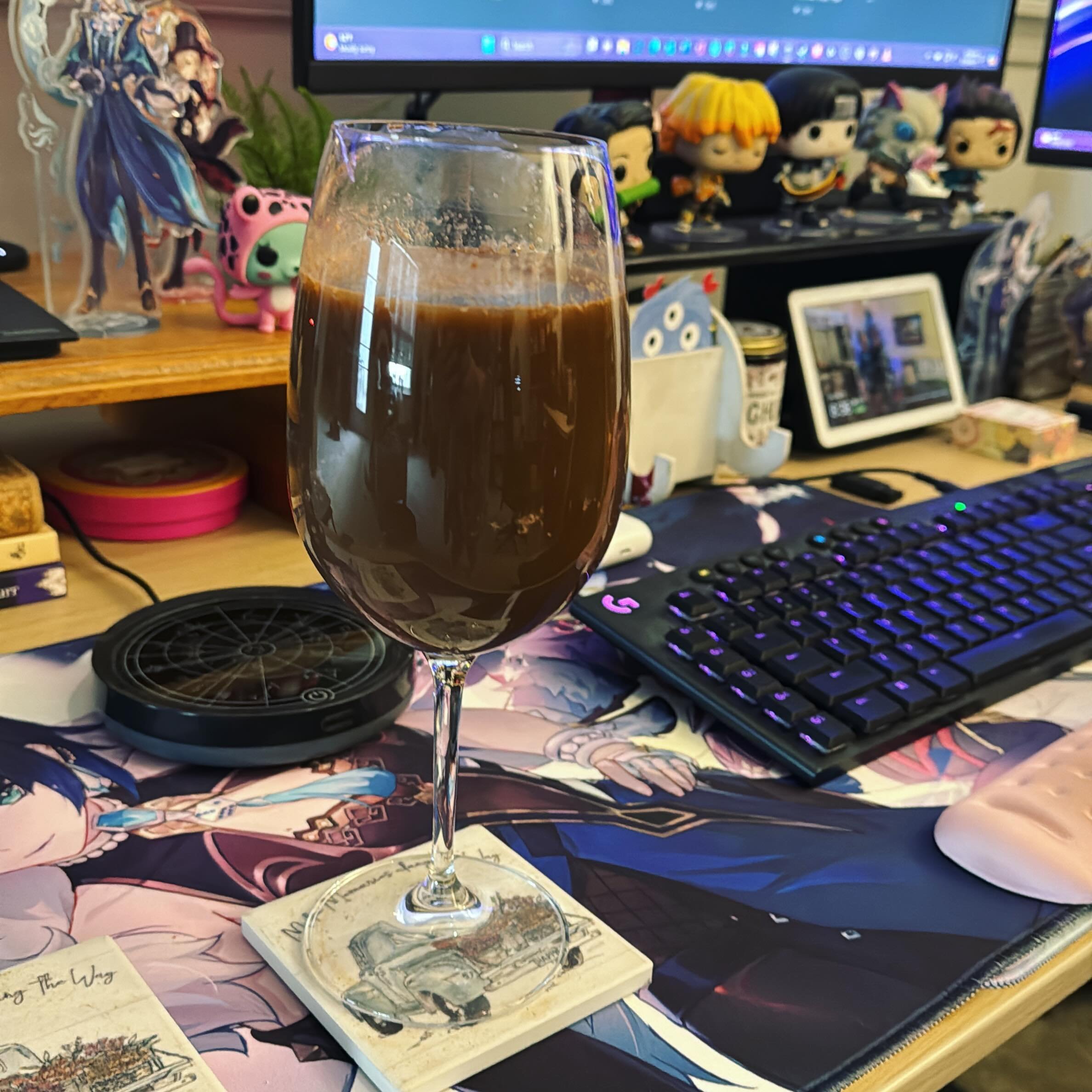 I&rsquo;m trying something different with my morning coffee. Going cold today with vanilla, unsweetened oat milk and a scoop of &mdash; wait for it, hot chocolate mix (the water dissolvable kind). Super yummy, and totally deserves the wine glass trea