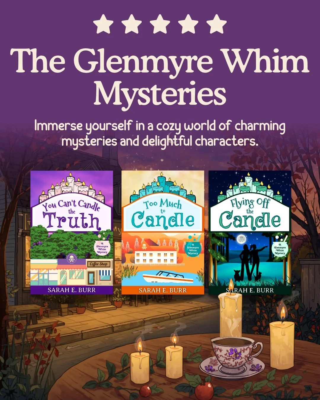 Curl up in your coziest corner and come visit Crucible, New York, home of The Glenmyre Whim Mysteries.

Expect charming small-town vibes, delightful characters, and just enough trouble to keep you turning pages (preferably with a warm drink and a can