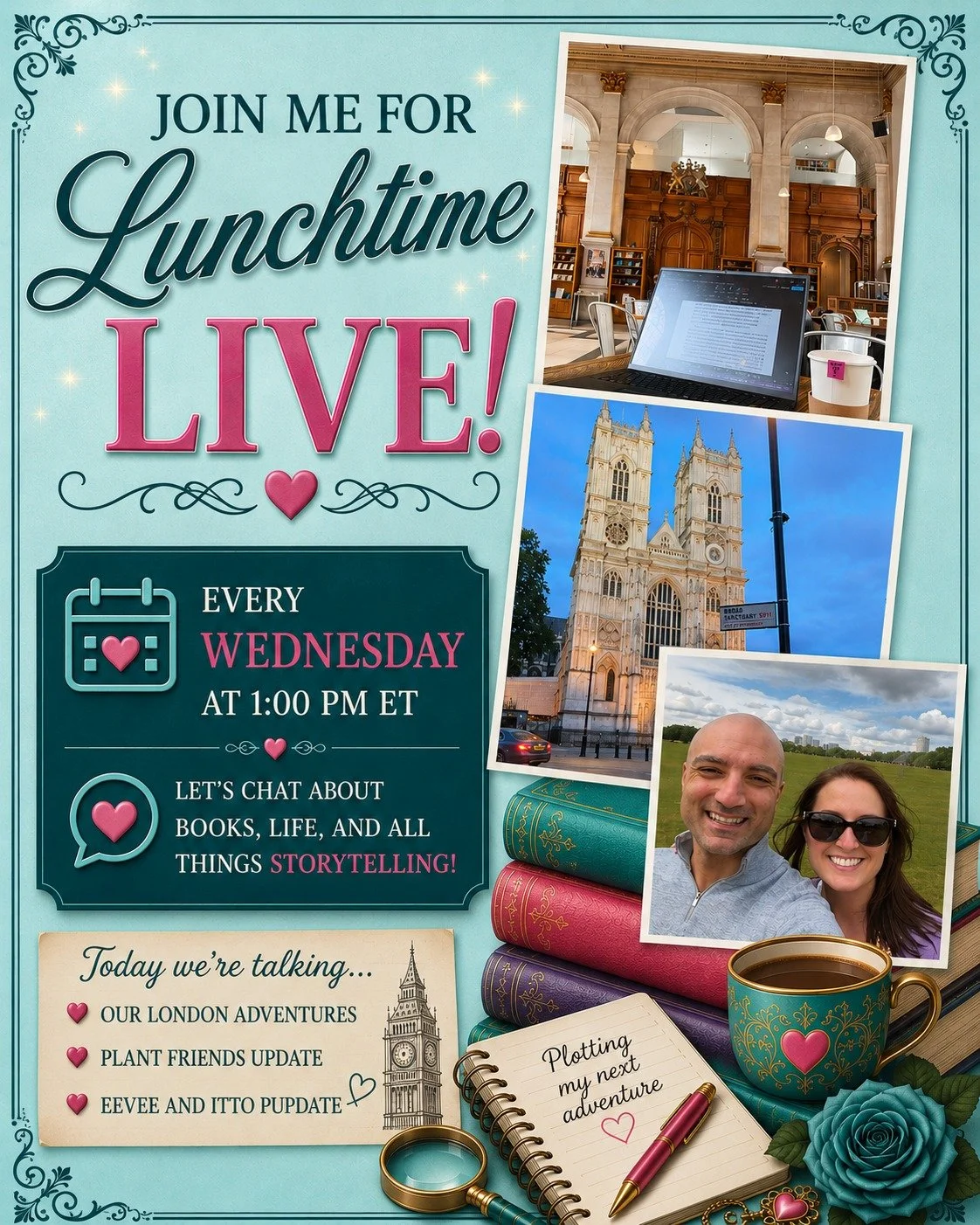 Pack your lunch and join me today at 1 PM ET for Lunchtime LIVE because I'm baaacccckkk! 💕📚

I&rsquo;ll be sharing my recent London adventures with you all today, as well as giving a much-needed plant friends update, and, of course, bringing you th
