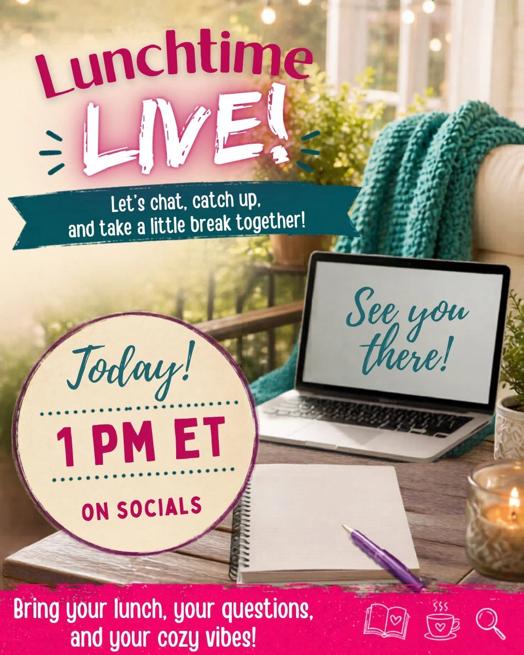 It's Lunchtime LIVE day! ☀️📚

Join me today at 1 PM ET for a cozy midday chat! I'll be sharing my thoughts on my recent haircut, celebrating the season finale of A Bookish Moment, chatting about some summer plans on the horizon, and catching you up 