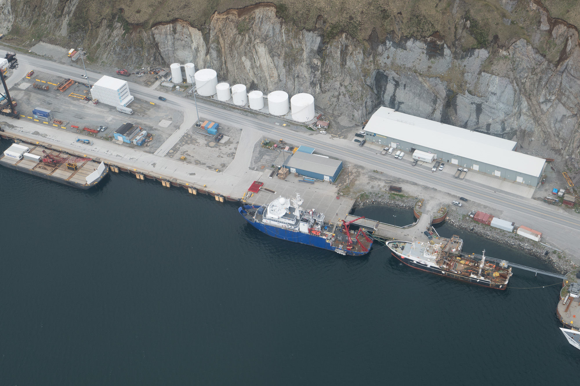 Aerial view of Sikuliaq at the Dutch Harbor docks prior to the 2017 ASGARD cruise.