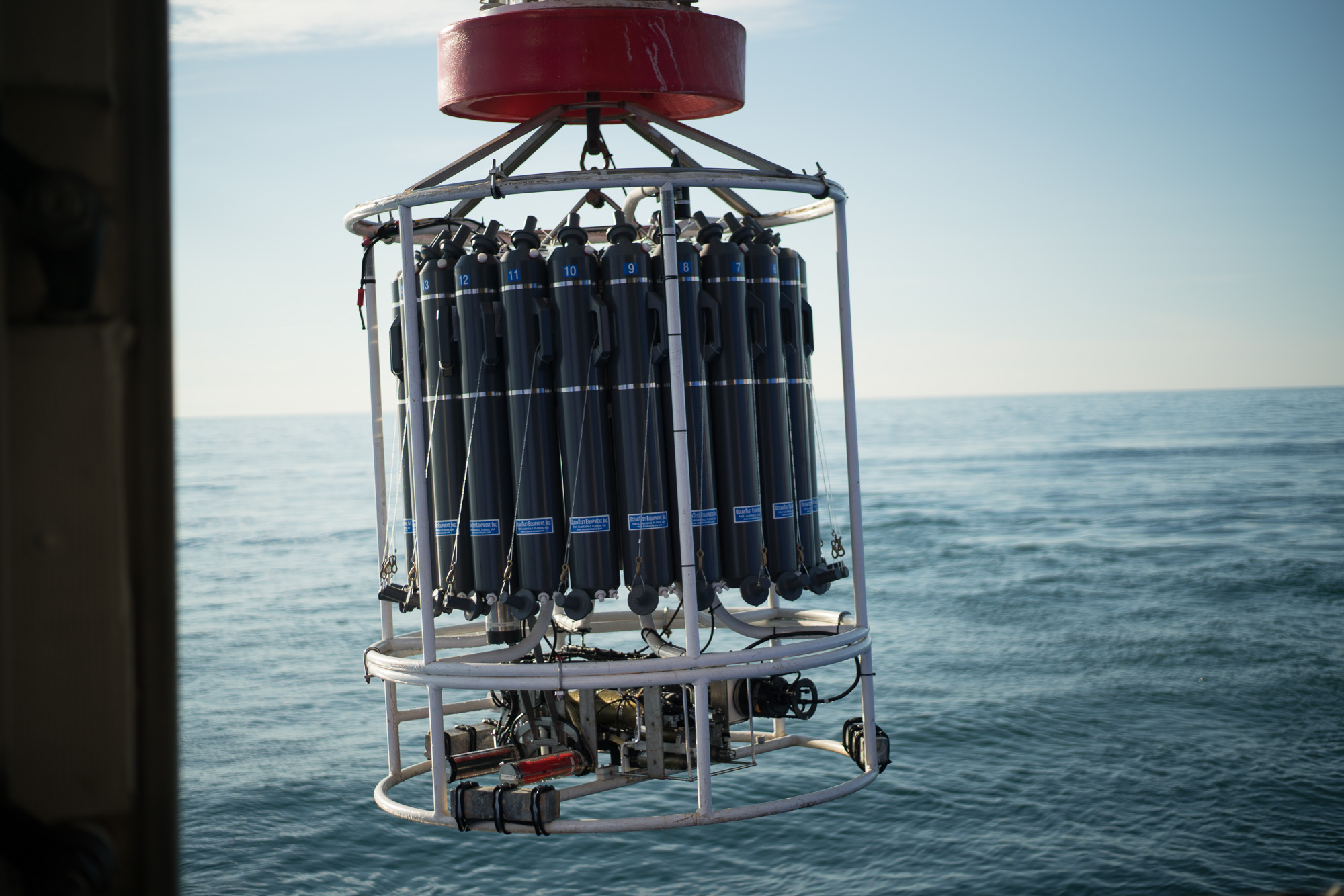The Conductivity, Temperature, Depth rosette deployed out the Baltic Room door. Photo credit: Andrew McDonnell