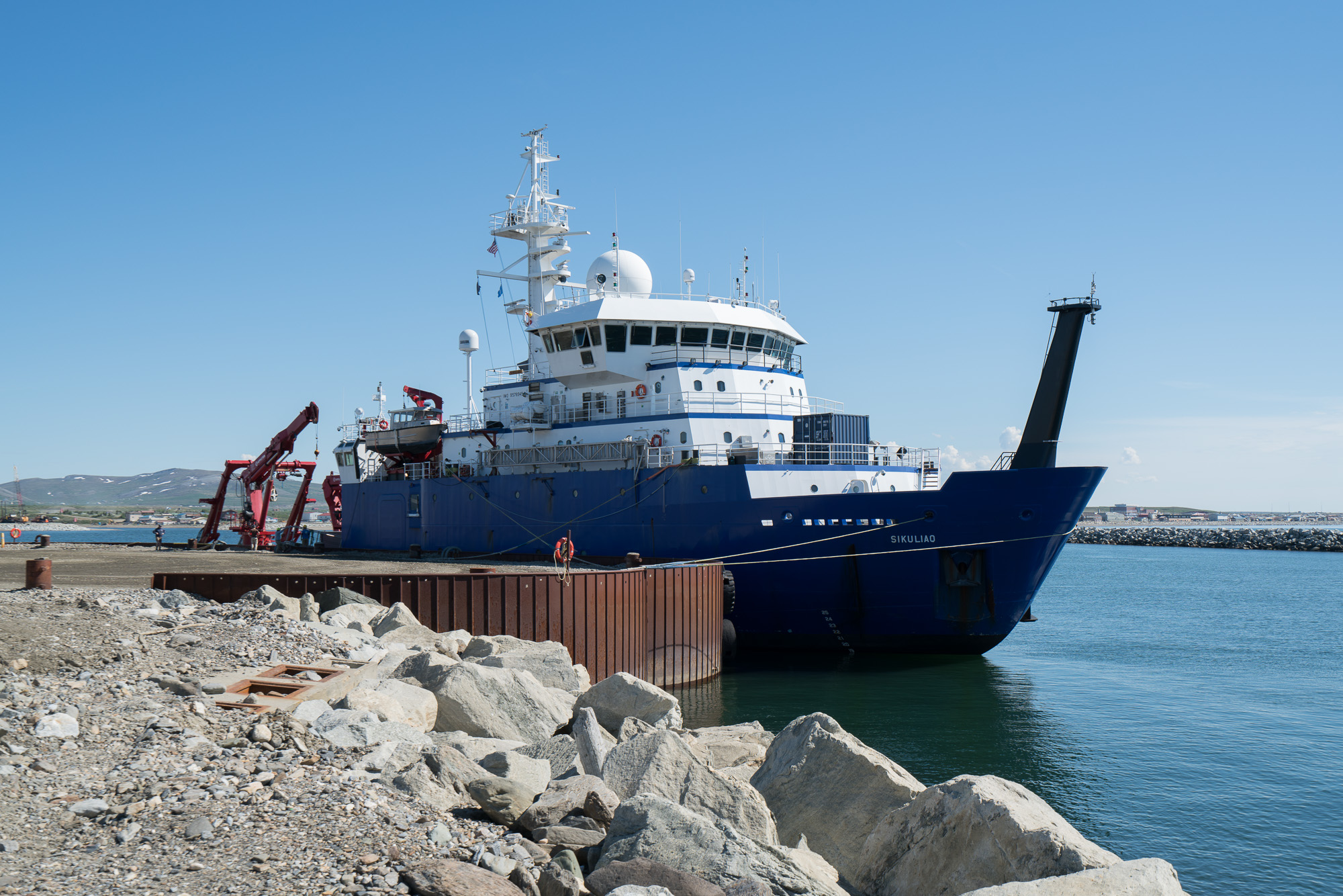 The R/V Sikuliaq is dockside in Nome. Photo credit: Andrew McDonnell