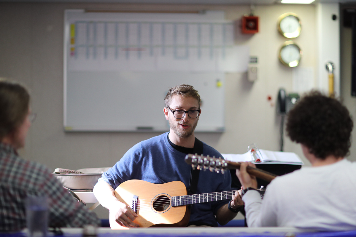 Ship crew and Chief Scientist, Seth Danielson, jam during a brief respite from sampling. Photo credit: Brendan Smith