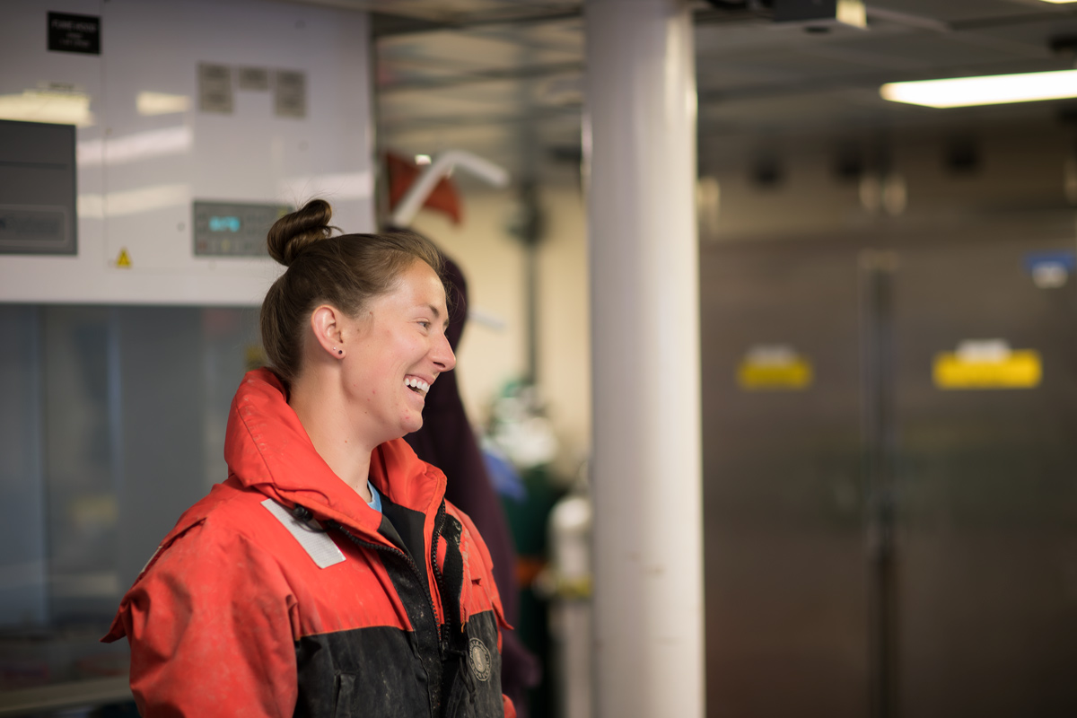 Portrait of Caitlin while she was joking with one of her fish team members.Photo credit: Brendan Smith