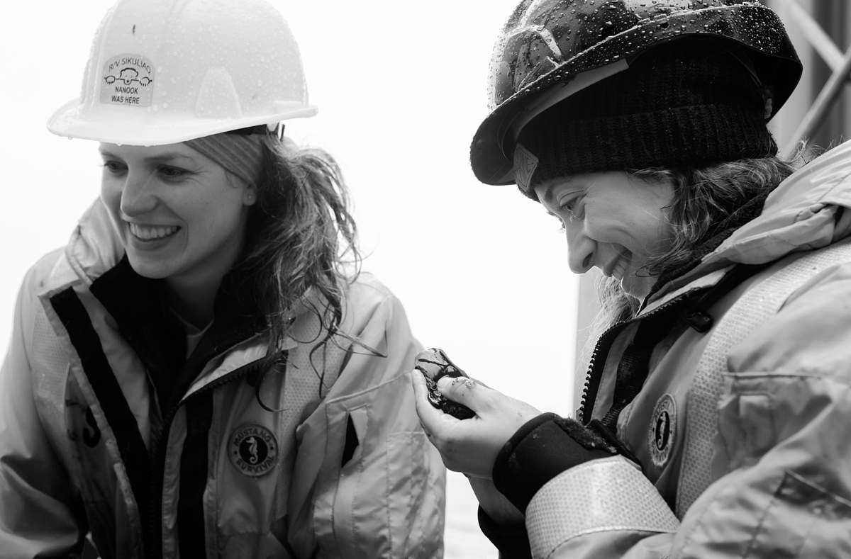 Sarah Seabrook (right) examining a gelatinous benthic creature pulled up from the multi-core. Photo credit: Brendan Smith