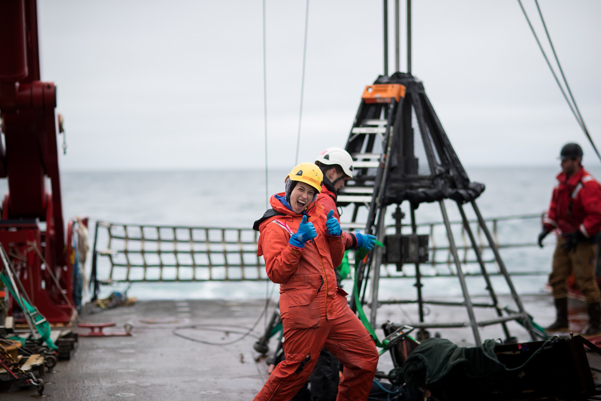 Showing the lighter side of field research on the deck of R/V Sikuliaq . Photo credit: Brendan Smith