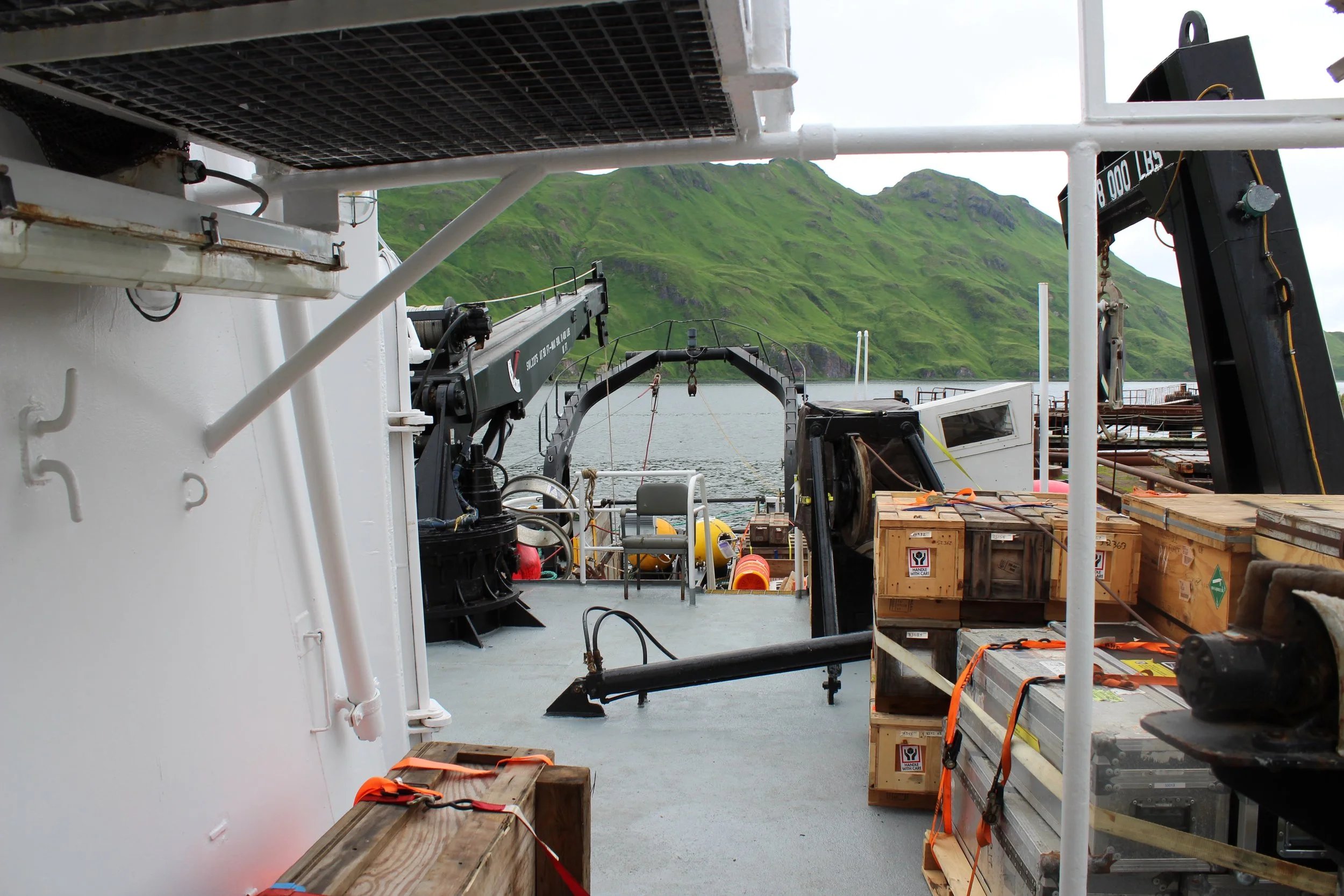 Crates of sampling equipment await unpacking on board the R/V Ocean Starr . Photo credit: Harmony Wayner